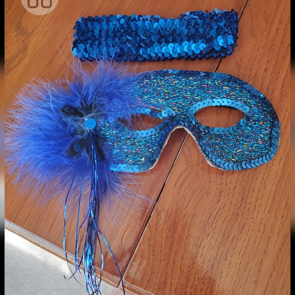 Blue Sequin Masquerade Mask and Headband Set